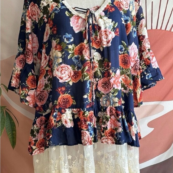 Umgee Blue Tie Front Ruffled Lace Blouse - Picture 3 of 6